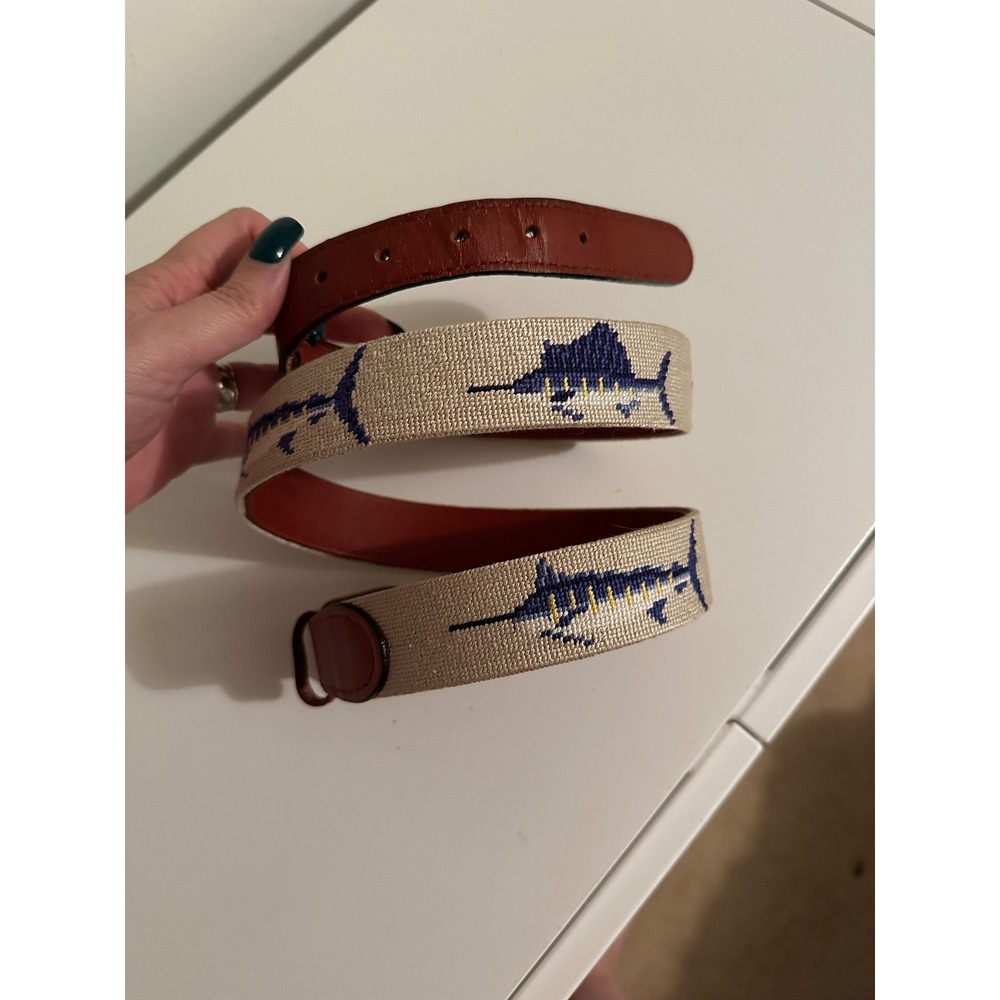 Smathers & Branson Billfish Natural Blue Marlin Needlepoint Belt  Leather 40